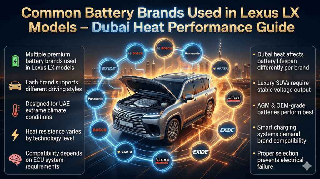 Luxury automotive infographic showing multiple battery brands used in Lexus LX models in Dubai, highlighting heat resistance, driving style compatibility, and performance differences in extreme UAE climate conditions.