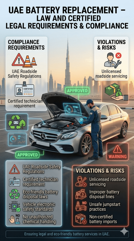 Dubai UAE car battery replacement compliance infographic showing legal requirements, certified technician rules, and violation warnings with luxury vehicle roadside service scene.