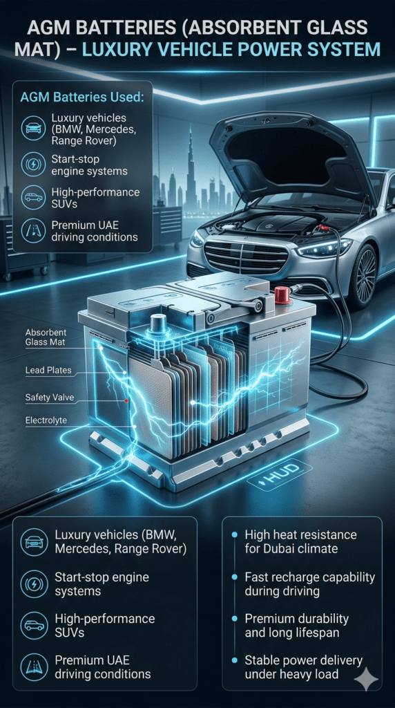 Technical illustration of AGM car battery used in luxury vehicles in Dubai showing internal structure, heat resistance features, and energy flow in modern automotive systems.