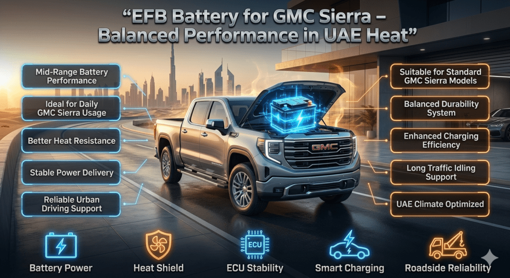 GMC Sierra pickup truck with glowing EFB battery infographic in Dubai showing balanced durability, mid-range battery performance, and UAE heat resistance technology.