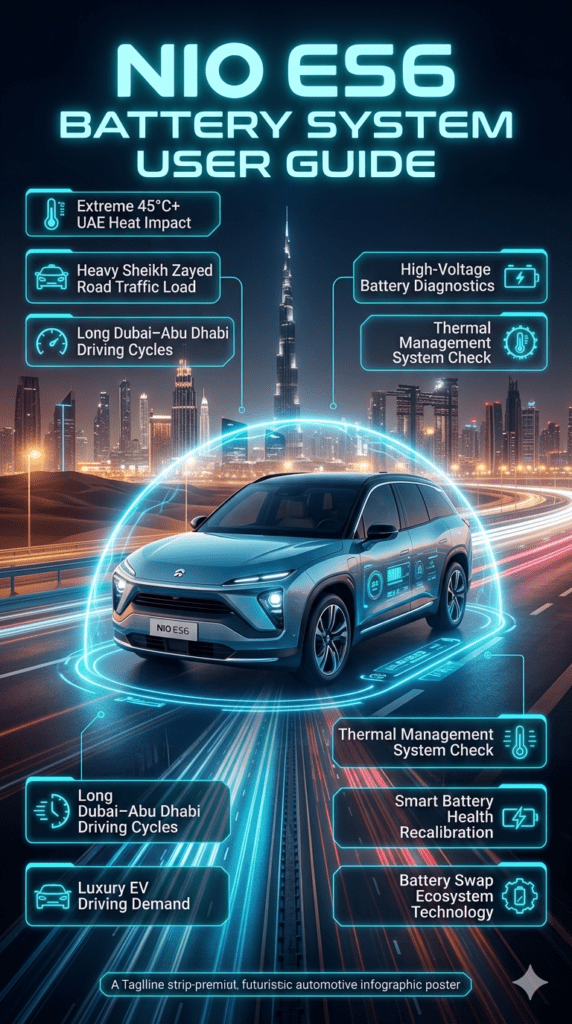 Futuristic infographic showing NIO ES6 electric SUV with Dubai skyline, highlighting EV battery system features, heat impact, diagnostics, and battery swap technology in a luxury high-tech style design.