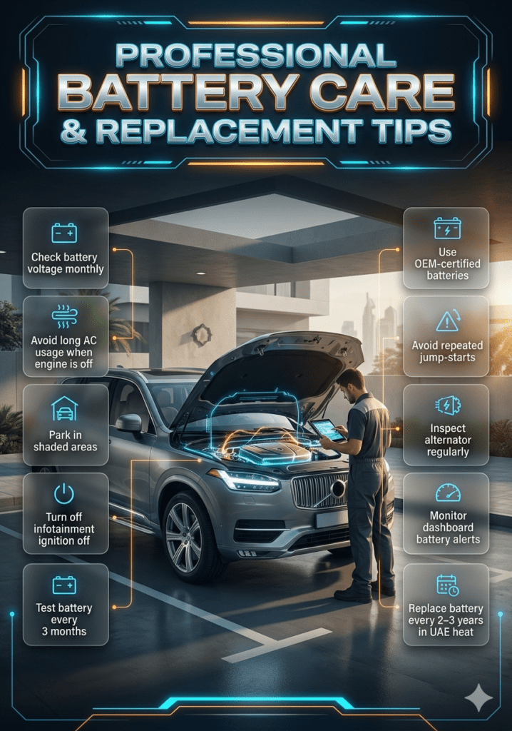 Luxury vehicle battery maintenance infographic showing professional battery care tips, diagnostic inspection, and preventive replacement advice in futuristic UAE automotive style.