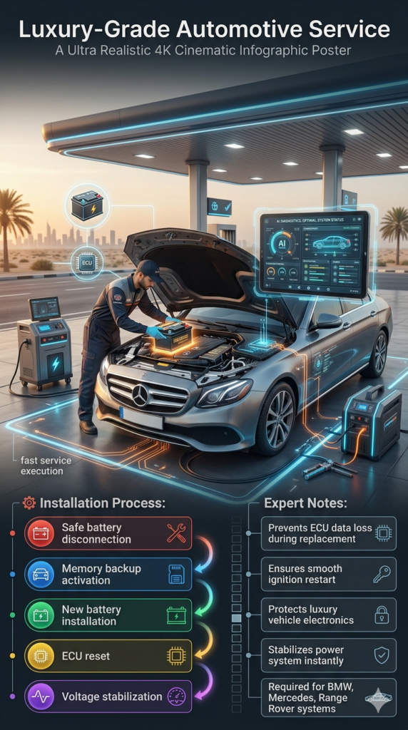 CAR BATTERY INSTALLATION PROCESS – AL BUTINA SOUTH (FAST & SAFE SERVICE) Luxury car battery installation process infographic in Al Butina South showing safe disconnection, memory backup, installation, ECU reset, and voltage stabilization with professional technician and AI diagnostics.