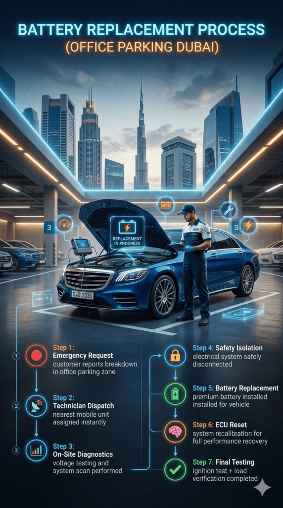 Luxury car battery replacement workflow infographic in Dubai office parking showing step-by-step mobile technician service including diagnostics, installation, ECU reset, and testing.