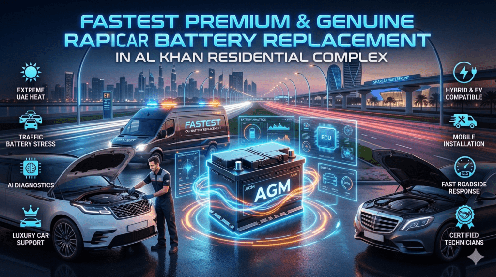 Premium roadside car battery replacement service in Al Khan Residential Complex with luxury vehicle, AGM battery, AI diagnostics, and Dubai-Sharjah urban automotive environment.