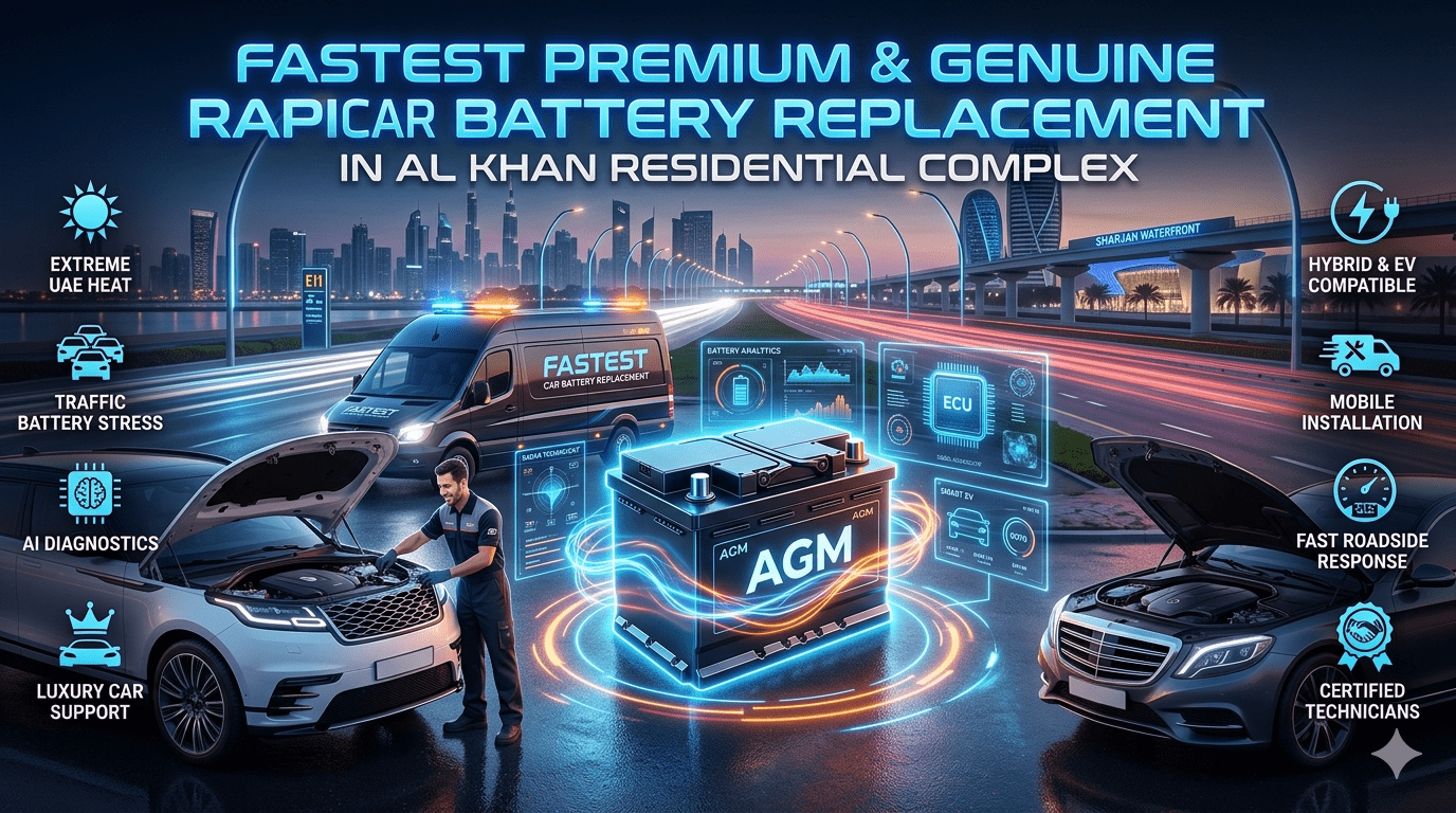 Premium roadside car battery replacement service in Al Khan Residential Complex with luxury vehicle, AGM battery, AI diagnostics, and Dubai-Sharjah urban automotive environment.