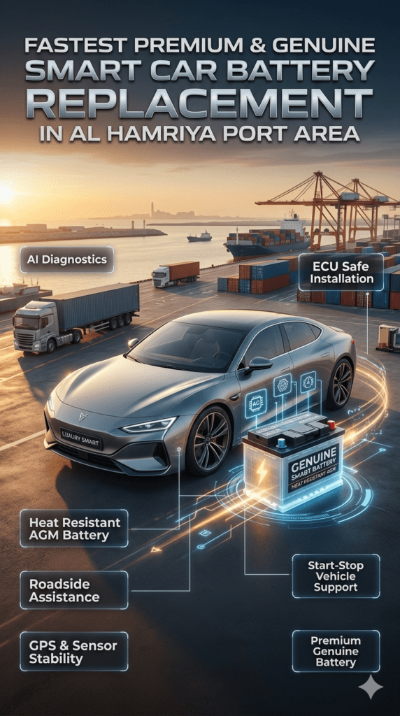 Premium smart car battery replacement service in Dubai Al Hamriya Port Area showing advanced AGM battery installation, AI diagnostics, luxury smart vehicle systems, roadside assistance, and high-temperature UAE automotive environment with modern animated infographic design.