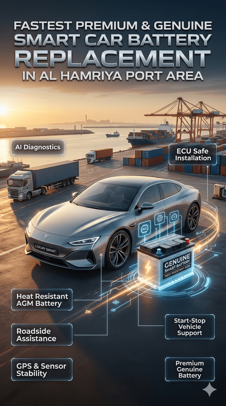 Premium smart car battery replacement service in Dubai Al Hamriya Port Area showing advanced AGM battery installation, AI diagnostics, luxury smart vehicle systems, roadside assistance, and high-temperature UAE automotive environment with modern animated infographic design.
