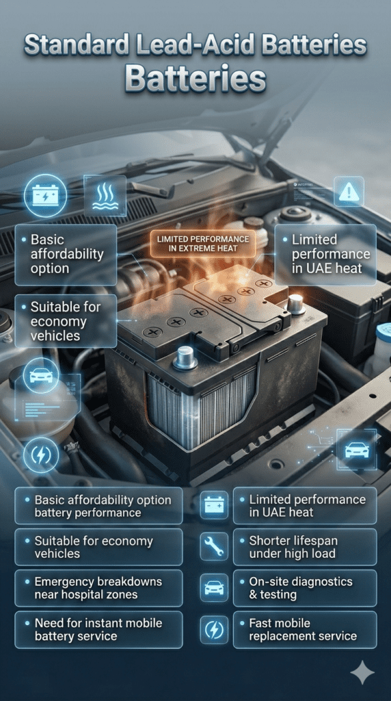 Infographic showing standard lead-acid car battery in economy vehicle with UAE heat impact, highlighting affordability, limited performance, and shorter lifespan under heavy load conditions.
