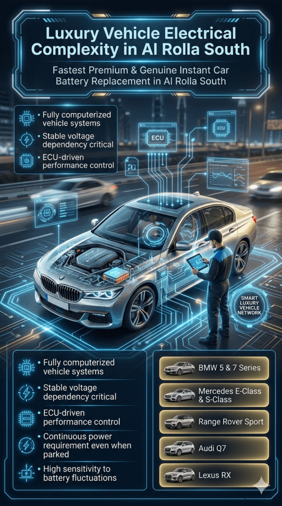 Luxury Vehicle Electrical Complexity in Al Rolla South – Advanced Automotive Systems Guide Futuristic automotive infographic showing luxury vehicle electrical system complexity in Al Rolla South with ECU, sensors, and battery-dependent systems in BMW, Mercedes, Range Rover, Audi, and Lexus cars.