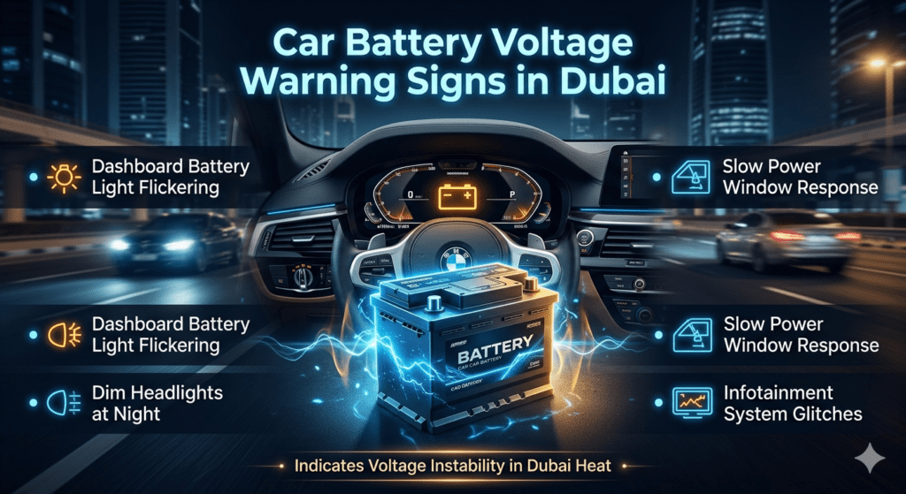 Infographic showing car battery voltage warning signs in Dubai including flickering battery light, dim headlights, slow power windows, and infotainment glitches with a luxury dashboard and glowing battery.