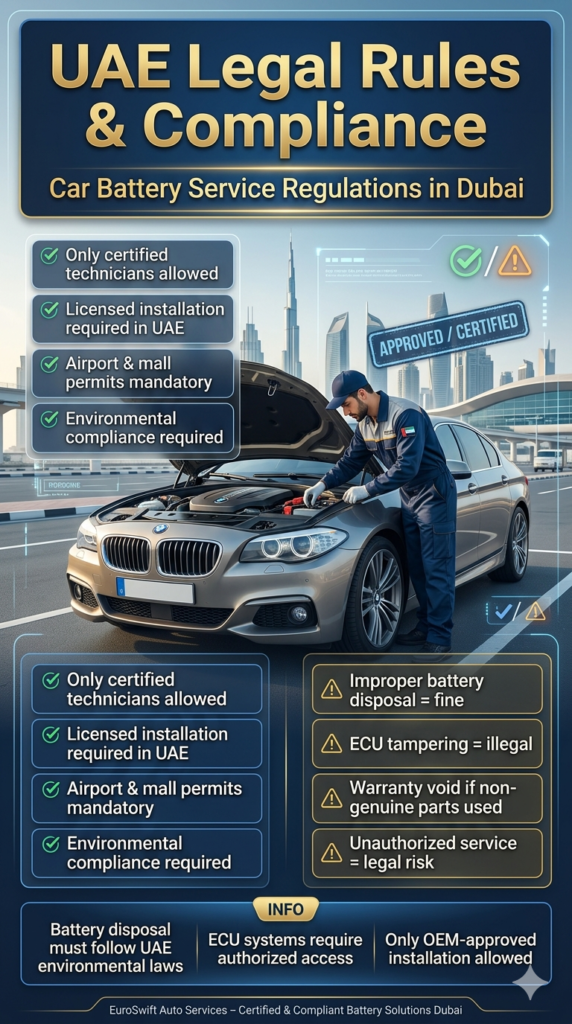 UAE Legal Rules & Compliance – Car Battery Service Regulations in Dubai Infographic showing UAE legal rules and compliance for car battery replacement in Dubai including certified technicians, ECU regulations, and environmental disposal laws.