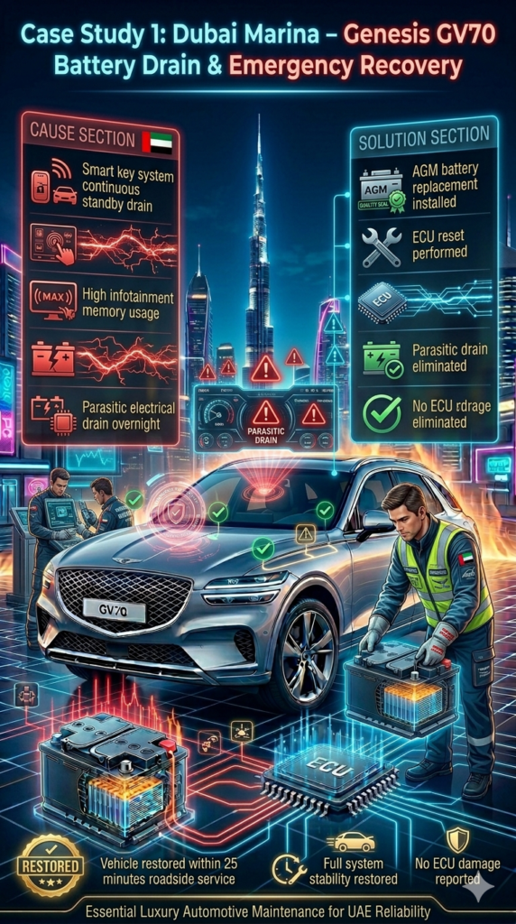 Luxury automotive case study infographic showing Genesis GV70 battery drain incident in Dubai Marina, including causes like smart key drain, solution with AGM replacement and ECU reset, and rapid roadside recovery.