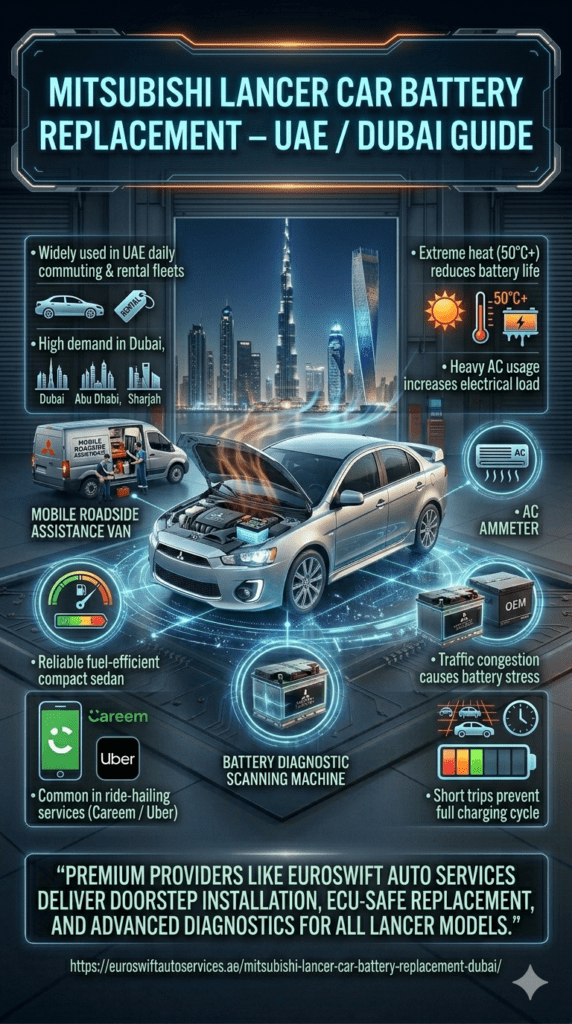 Mitsubishi Lancer with open engine bay showing battery system, set in Dubai environment with heat waves and skyline, explaining UAE climate impact on battery replacement needs.