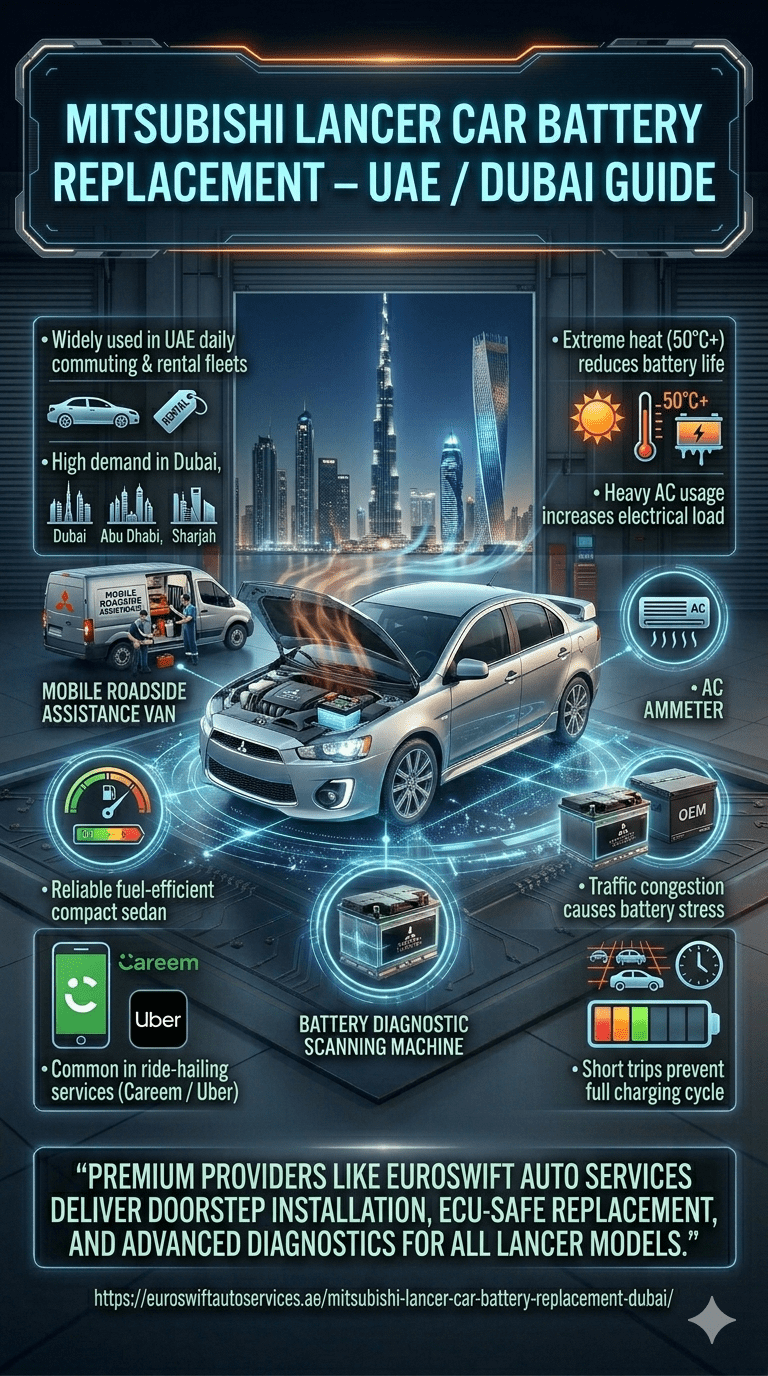 Mitsubishi Lancer with open engine bay showing battery system, set in Dubai environment with heat waves and skyline, explaining UAE climate impact on battery replacement needs.
