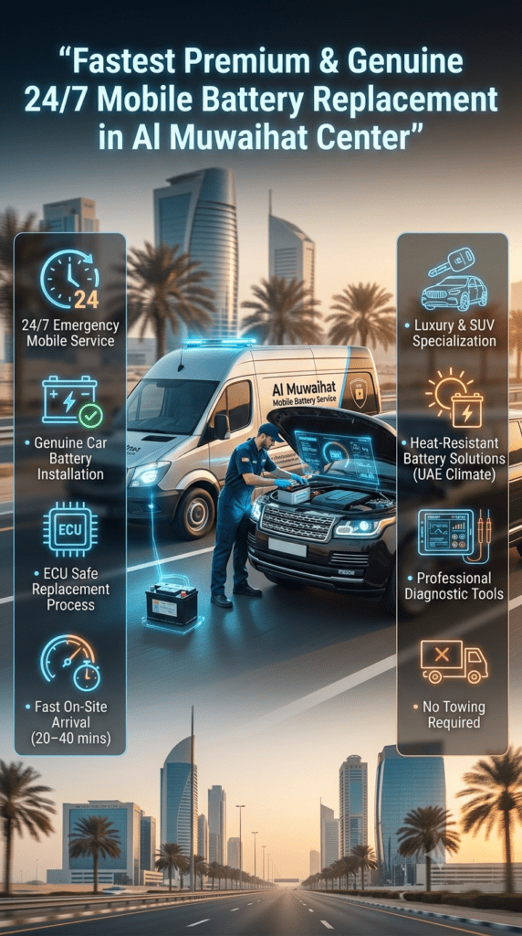 Mobile battery replacement technician performing ECU-safe car battery installation on luxury SUV in Al Muwaihat Center with 24/7 emergency roadside service branding and infographic highlights showing key service benefits.