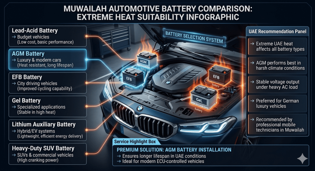 Infographic showing different car battery types used in Muwailah including Lead-Acid, AGM, EFB, Gel, Lithium, and Heavy-Duty SUV batteries with recommendation of AGM for UAE heat conditions and luxury vehicles.