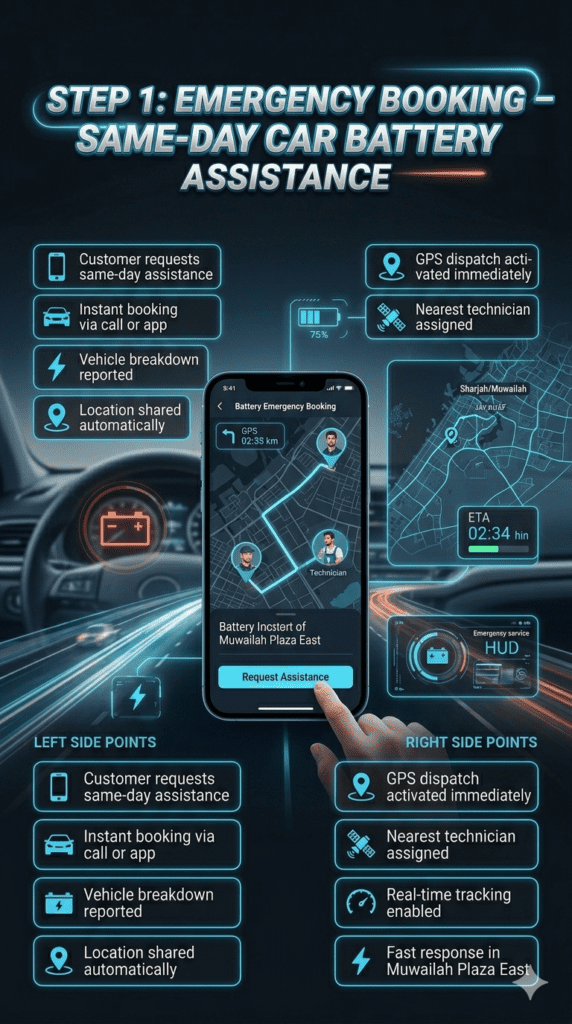 Emergency booking step showing same-day car battery replacement request with GPS dispatch system activated for Muwailah Plaza East roadside assistance.