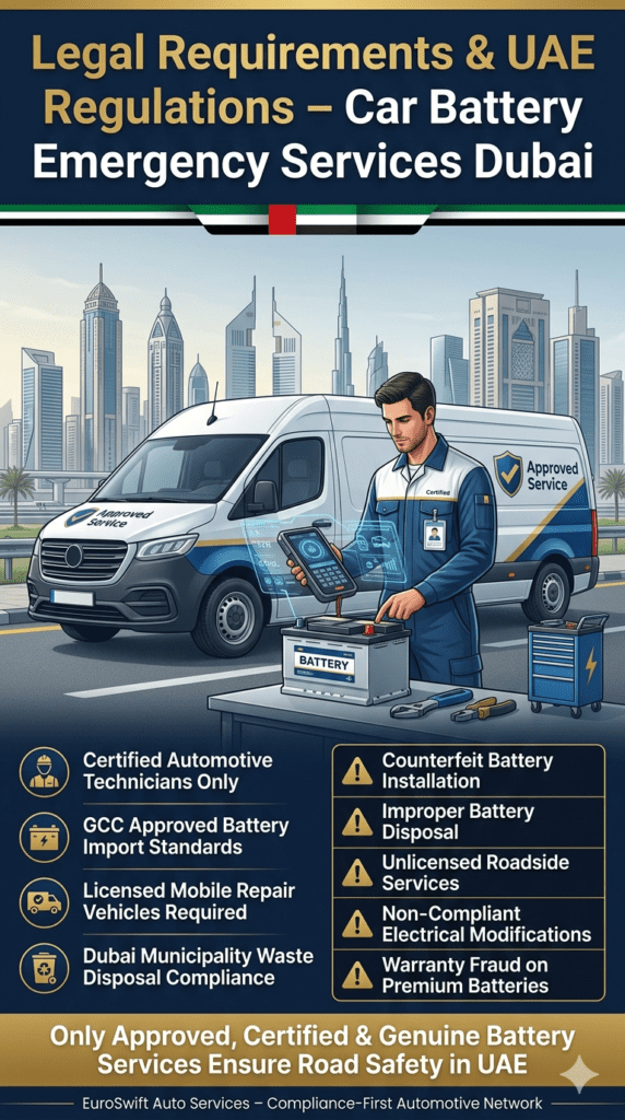 Infographic showing UAE legal requirements for car battery emergency support services including certified technicians, GCC standards, proper disposal rules, and violations such as counterfeit batteries and unlicensed roadside repairs.