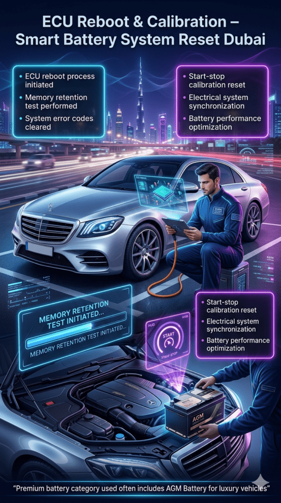 Luxury car ECU reboot and calibration process in Dubai showing technician performing memory retention test, start-stop system reset, and AGM battery installation in a futuristic diagnostic interface.