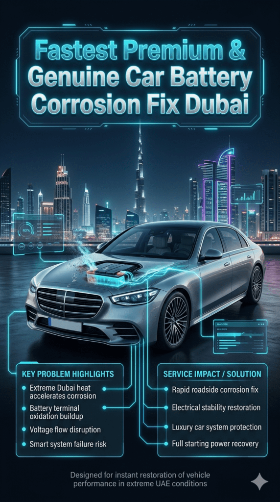 Luxury Dubai automotive infographic showing car battery corrosion problems and fast premium fix service with futuristic UI panels and premium vehicles like BMW, Mercedes, Audi, and Range Rover.