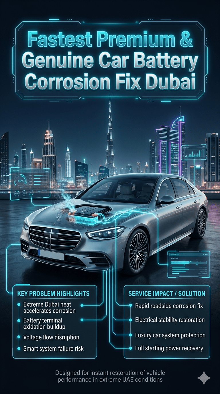 Luxury Dubai automotive infographic showing car battery corrosion problems and fast premium fix service with futuristic UI panels and premium vehicles like BMW, Mercedes, Audi, and Range Rover.