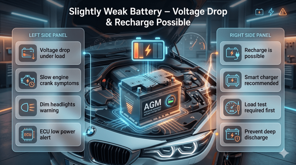 Infographic showing slightly weak car battery symptoms, voltage drop under load, and recharge possible guide in a modern automotive service design.