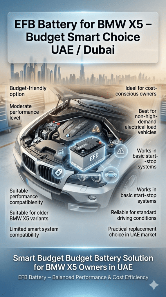 BMW X5 EFB battery installation infographic showing budget-friendly battery option, moderate performance features, and suitability for older BMW models in UAE Dubai service environment.