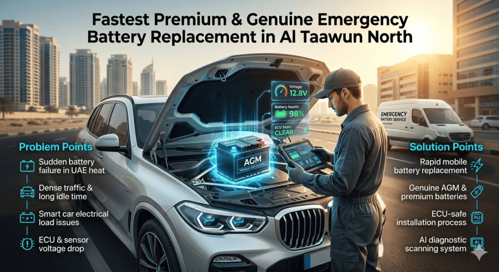Fastest Premium Emergency Car Battery Replacement service in Al Taawun North showing luxury vehicle being serviced by mobile technician with AI diagnostics and AGM battery installation in UAE heat conditions.