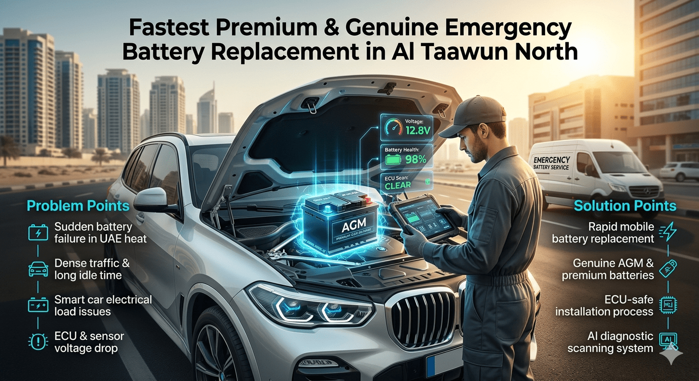 Fastest Premium Emergency Car Battery Replacement service in Al Taawun North showing luxury vehicle being serviced by mobile technician with AI diagnostics and AGM battery installation in UAE heat conditions.