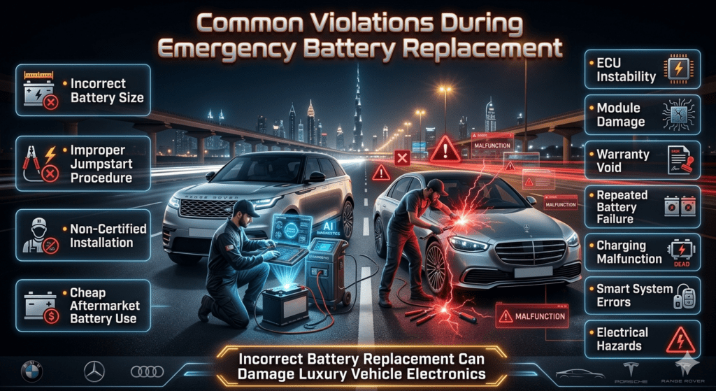 Common emergency battery replacement violations in Dubai showing ECU instability, improper jumpstart damage, incorrect AGM battery installation, and luxury vehicle electrical hazards.