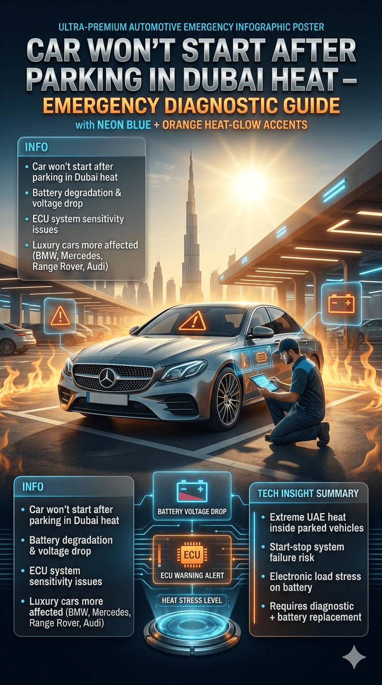 Car won’t start after parking in Dubai heat infographic showing luxury vehicle breakdown due to battery failure, ECU issues, and heat stress with mobile diagnostic service in Dubai parking environment.