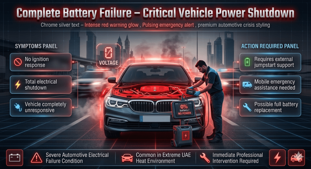 Futuristic emergency infographic showing complete car battery failure in Dubai with no ignition response, total electrical shutdown, and need for external jumpstart or replacement.