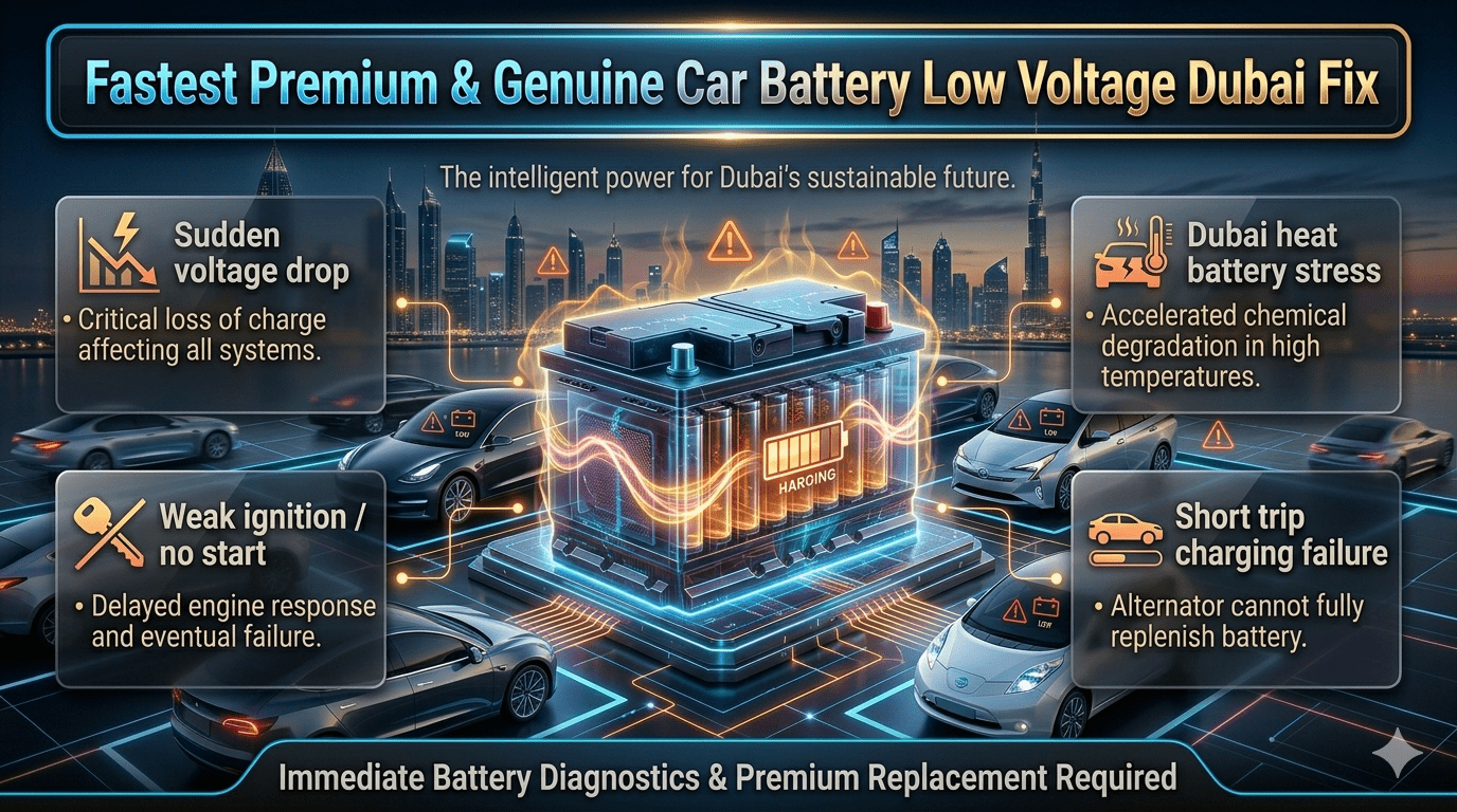 Luxury car low voltage battery warning infographic showing sudden ignition failure, weak battery symptoms, and Dubai heat-related car battery problems