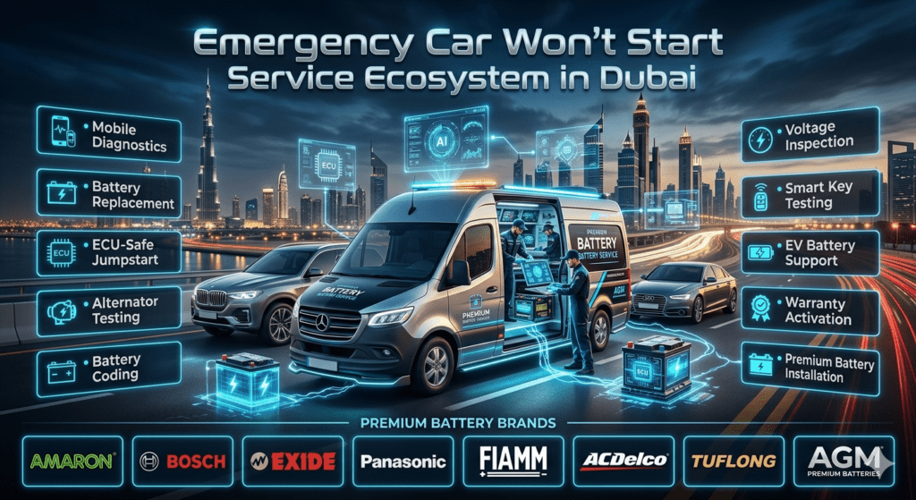Emergency car won’t start service ecosystem in Dubai featuring premium mobile battery replacement van, AI diagnostics, ECU-safe jumpstart, luxury vehicles, and futuristic roadside battery assistance infographic.