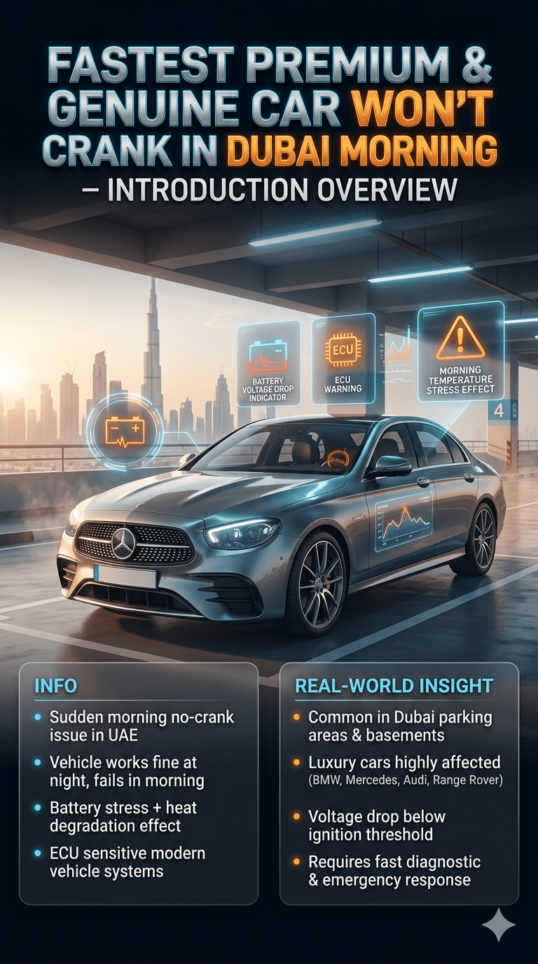 Luxury car unable to crank in Dubai morning with battery voltage drop warning, ECU alert system, and roadside emergency diagnostic visualization.