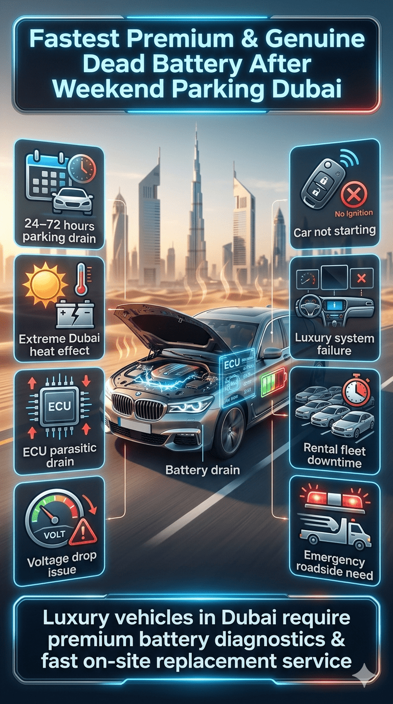 Luxury car battery failure infographic showing dead battery after weekend parking in Dubai with heat effects, ECU drain, and emergency roadside service concept.