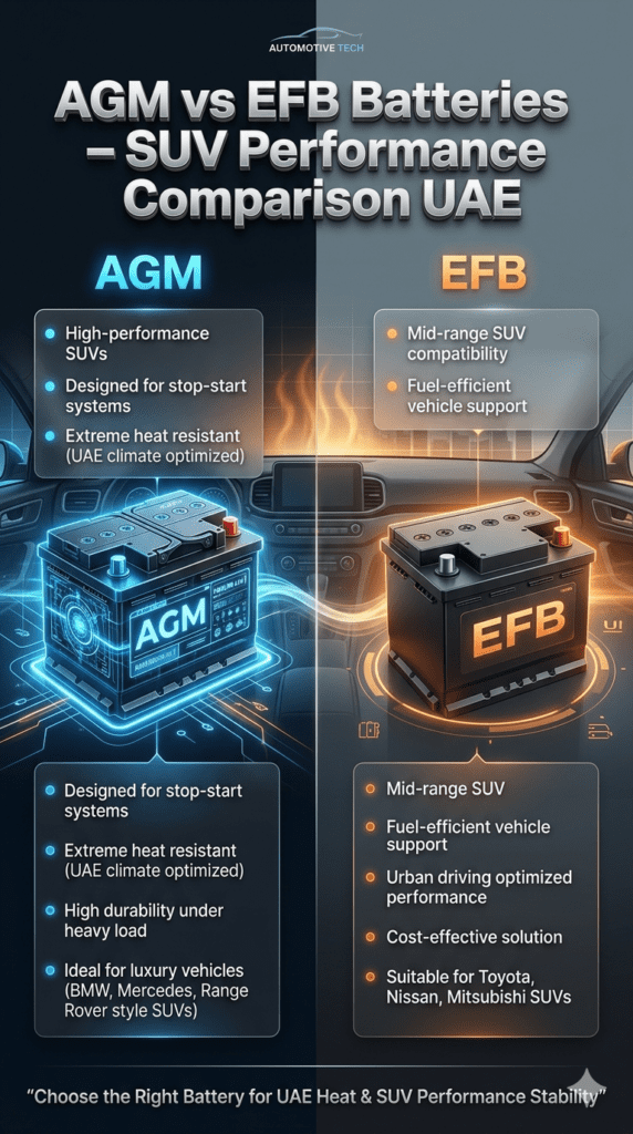 Split-screen infographic comparing AGM and EFB car batteries for SUVs in UAE, showing performance differences, heat resistance, and vehicle suitability in a modern futuristic design.