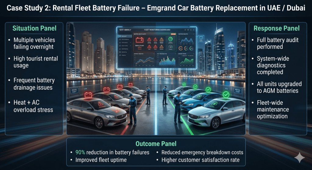 Emgrand rental fleet battery failure case study in Dubai Marina showing multiple car battery drainage issues, AGM upgrade solution, and improved fleet performance.