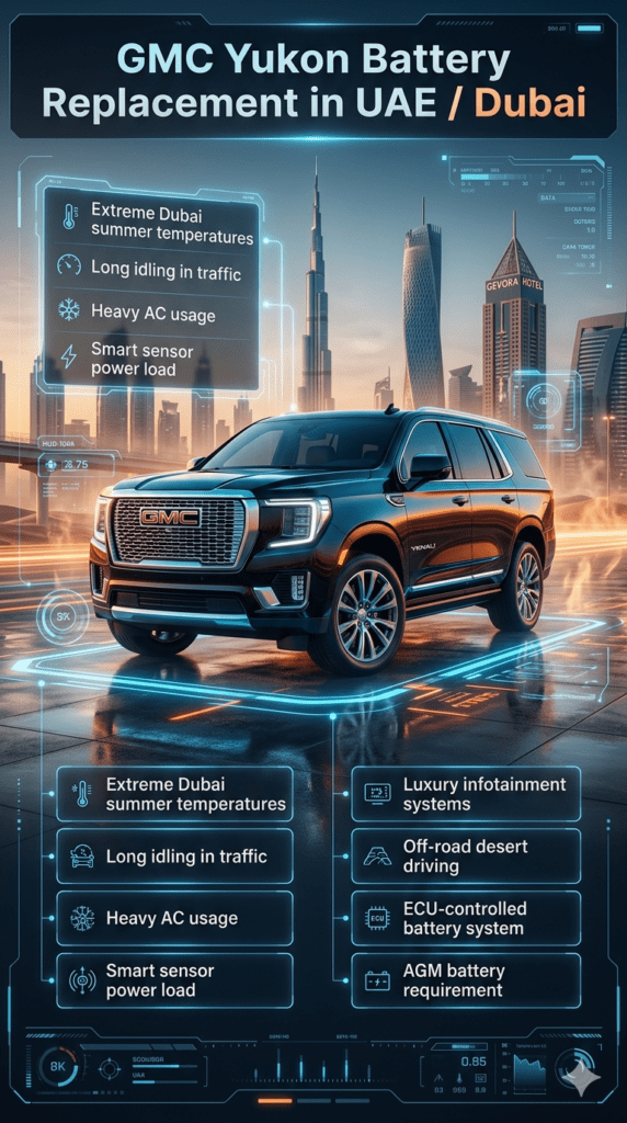Luxury GMC Yukon SUV infographic showing battery replacement factors in UAE including heat, traffic load, AC usage, and AGM battery system requirements in a modern Dubai environment.