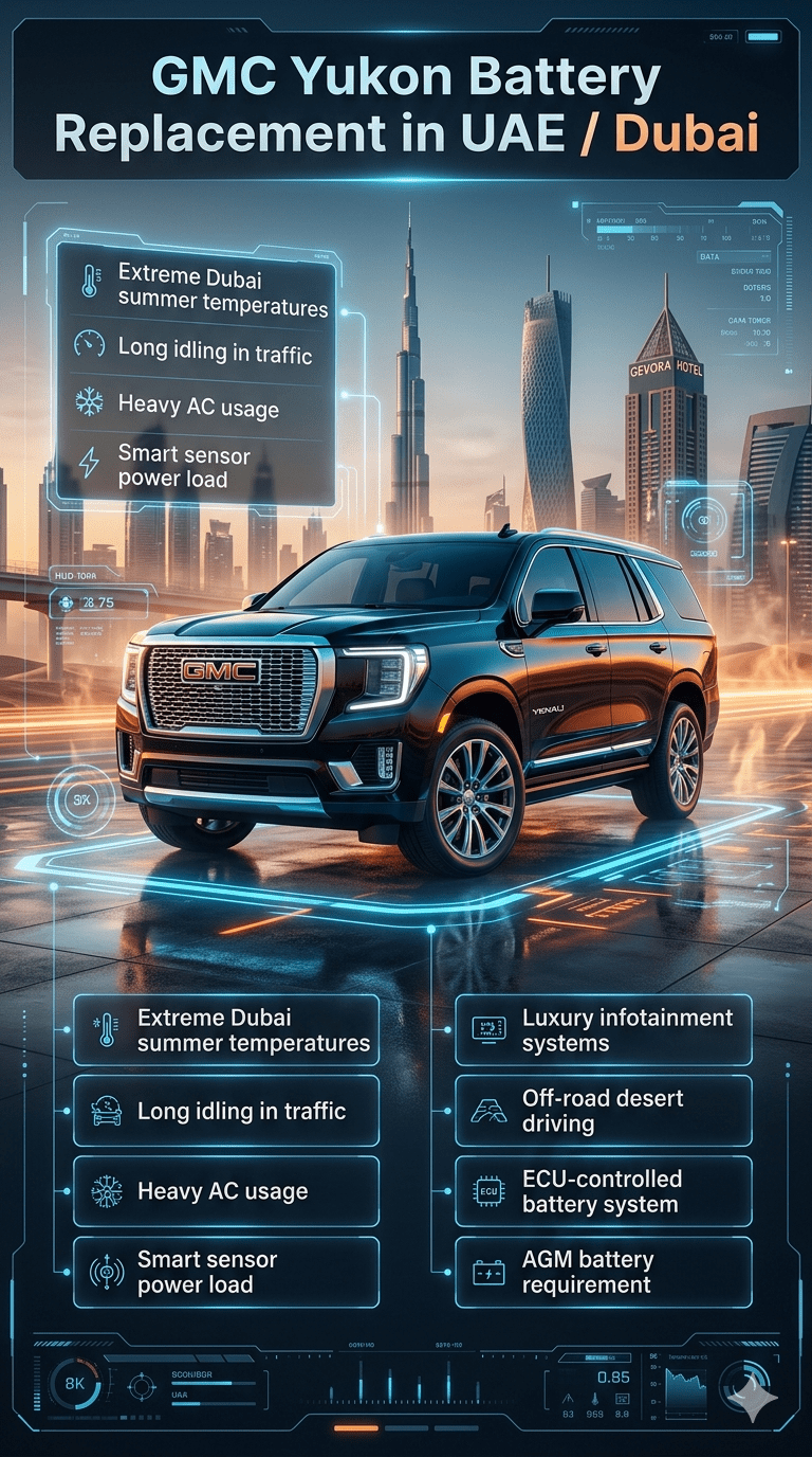 Luxury GMC Yukon SUV infographic showing battery replacement factors in UAE including heat, traffic load, AC usage, and AGM battery system requirements in a modern Dubai environment.