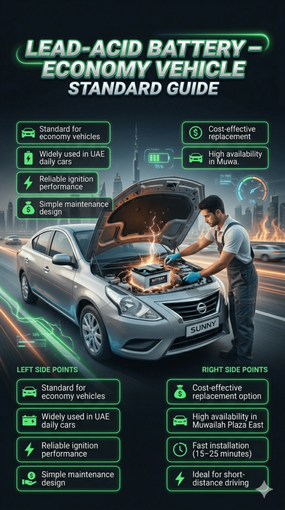 Lead-acid battery installation guide infographic showing economy car battery replacement, technician service, and cost-effective automotive solution in UAE conditions.