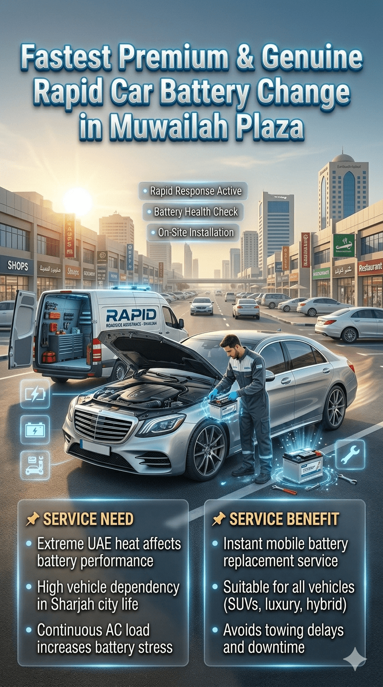Infographic showing rapid car battery change service in Muwailah Plaza with technician replacing battery in luxury car, highlighting UAE heat impact, mobile installation, and emergency roadside assistance.
