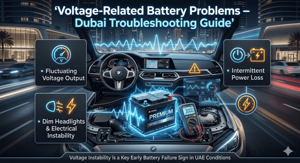 Infographic showing voltage-related battery issues in Dubai including fluctuating voltage, dim headlights, and intermittent power loss in a luxury car diagnostic scene.