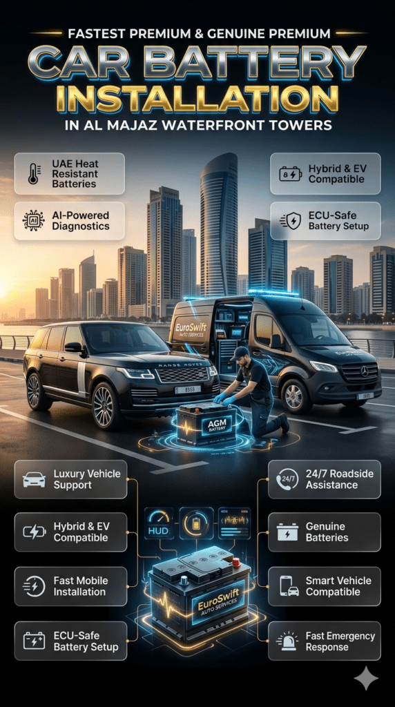 Premium UAE roadside car battery installation service in Al Majaz Waterfront Towers featuring luxury vehicles, AI battery diagnostics, and EuroSwift Auto Services mobile battery replacement van.