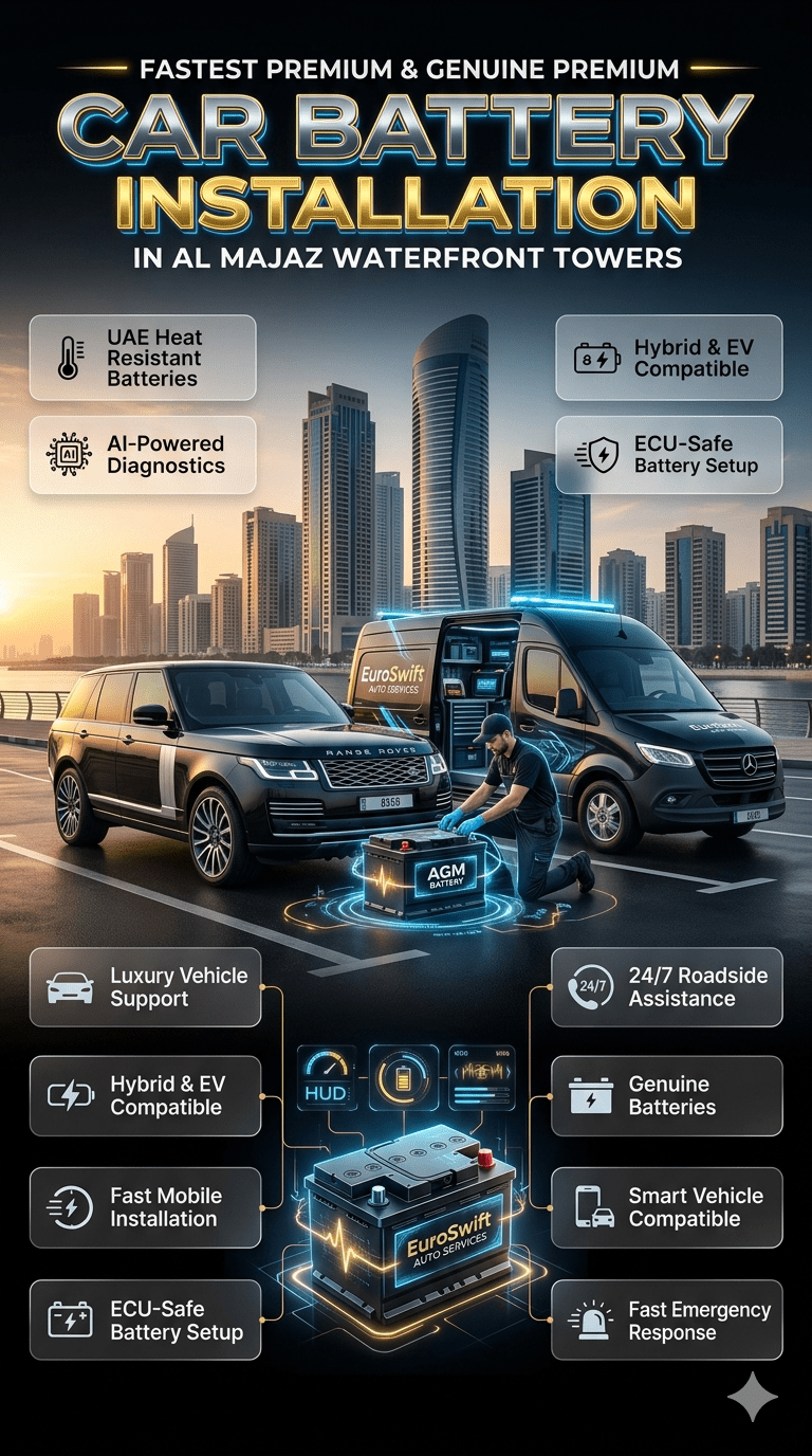 Premium UAE roadside car battery installation service in Al Majaz Waterfront Towers featuring luxury vehicles, AI battery diagnostics, and EuroSwift Auto Services mobile battery replacement van.