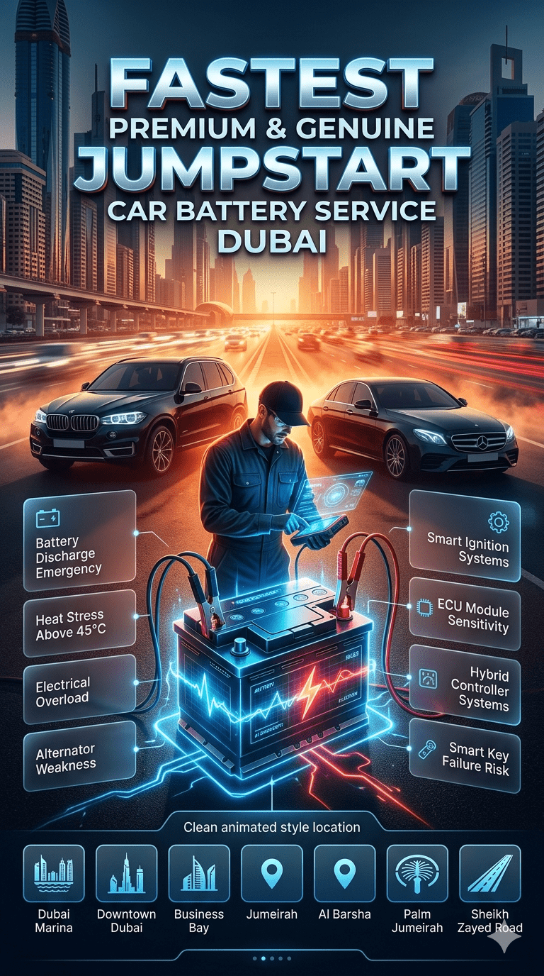 Luxury Dubai jumpstart car battery service infographic showing a glowing battery, AI diagnostic tools, and roadside emergency assistance with key causes and system vulnerabilities highlighted around it.