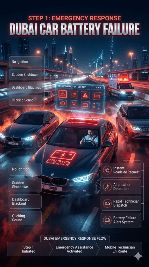 Step 1: Emergency Response for Car Battery Failure Dubai Dubai automotive emergency infographic showing step 1 response where driver reports no ignition, sudden shutdown, dashboard blackout, and clicking sound.
