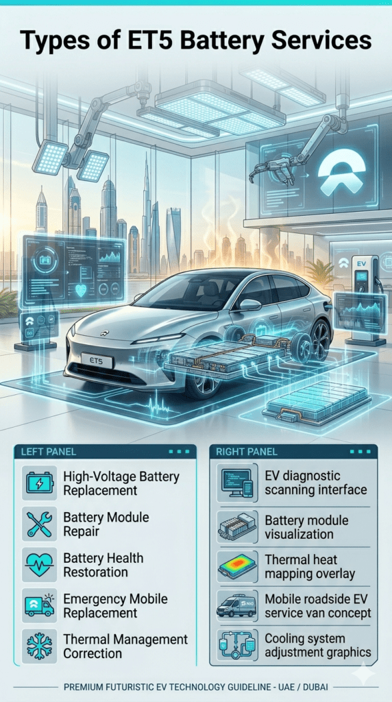 Infographic showing different types of ET5 battery services in UAE Dubai including high-voltage replacement, module repair, thermal correction, and emergency mobile EV support with futuristic electric vehicle visuals.