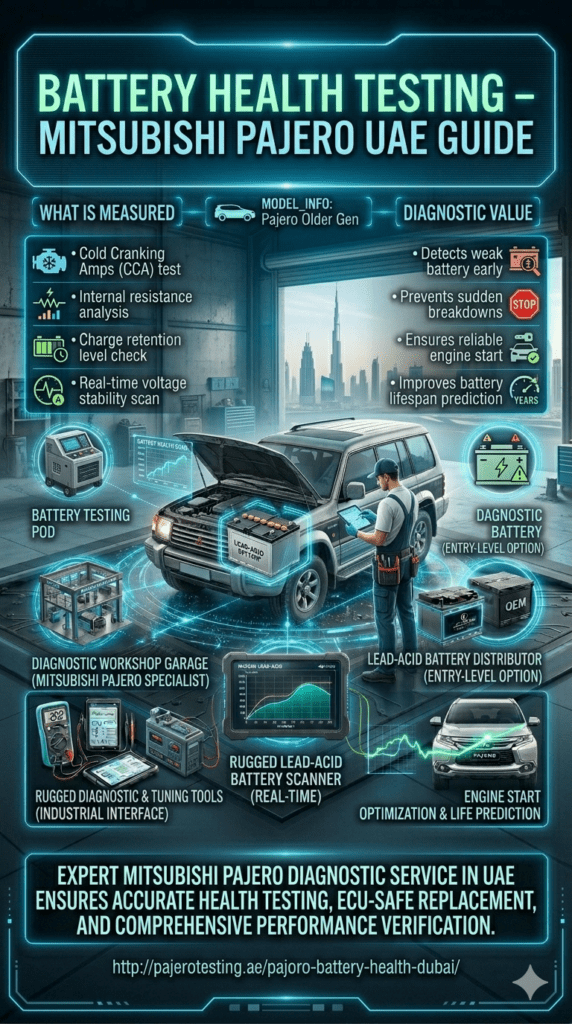 Mitsubishi Pajero battery health testing in UAE workshop using digital diagnostic tools measuring CCA, internal resistance, and charge retention with futuristic display overlays.